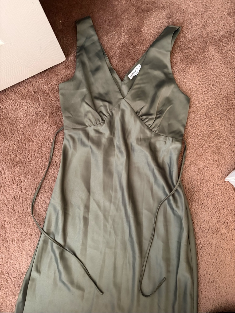 Olive Green Satin Wrap Maxi Dress with Tie Waist